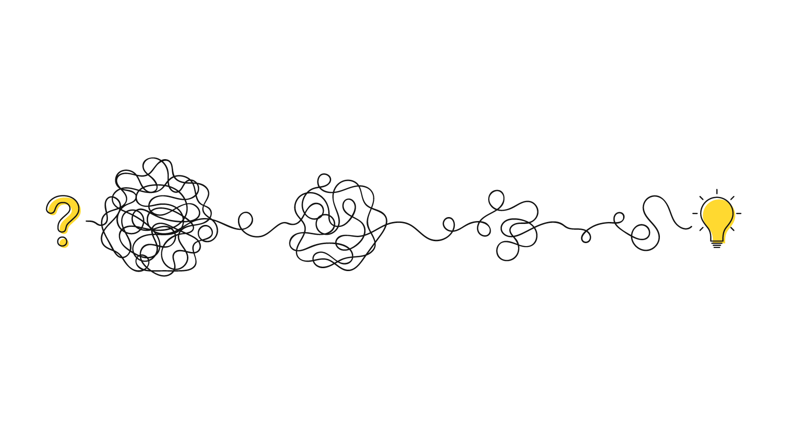 A question mark, then a messy continuous line in tangles, then a lightbulb.