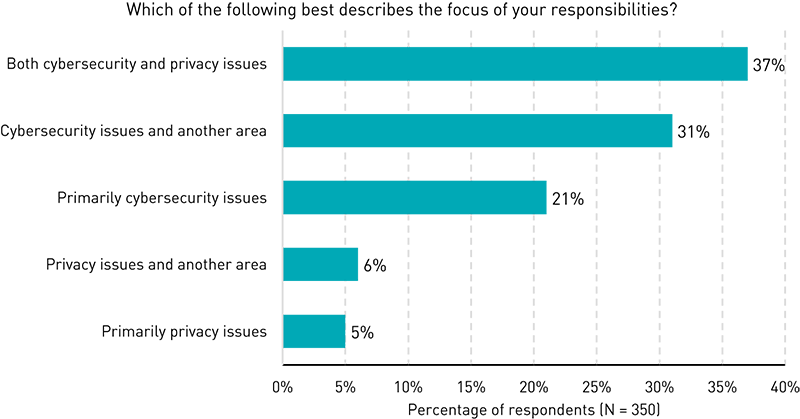 Bar chart showing percentages of respondents who selected one of several descriptions for the focus of their responsibilities: cybersecurity and privacy (37%), cybersecurity and another area (31%), primarily cybersecurity (21%), privacy and another area (6%), and primarily privacy (5%).