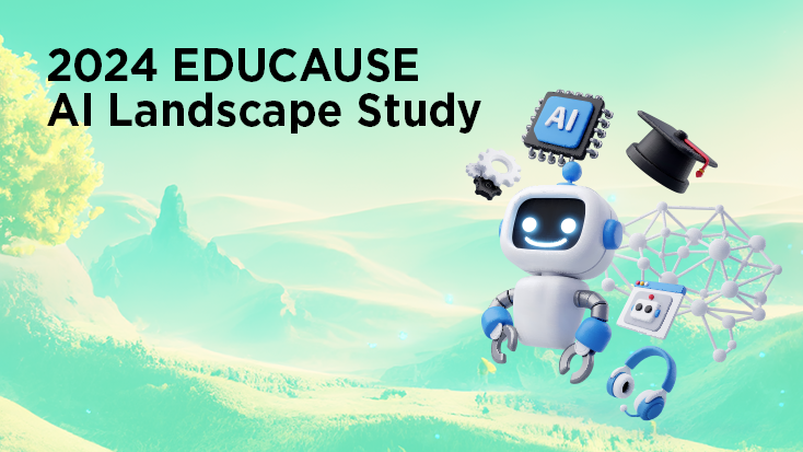 2024 EDUCAUSE AI Landscape Study, futuristic landscape scene with robot and other technology hovering