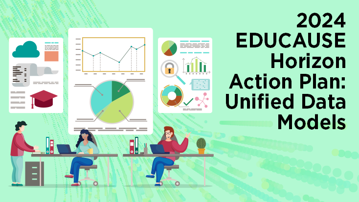 2024 EDUCAUSE Horizon Action Plan: Unified Data Models with illustrations of humans at workspaces and charts depicting data