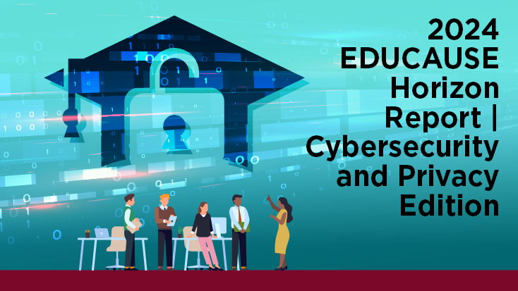 2024 EDUCAUSE Horizon Report | Cybersecurity and Privacy Edition, people conversing around desks with image of an open lock in the background