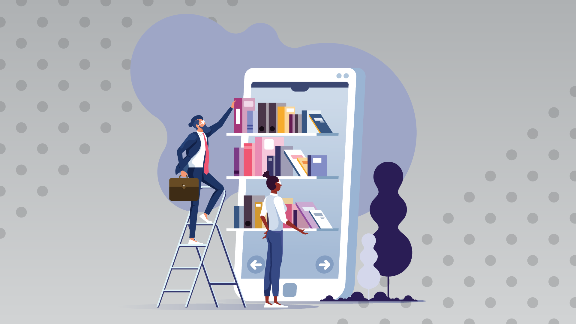 Illustration of two people organizing colorful books on a large digital bookshelf, with one person on a stepladder and another standing in front of the screen.